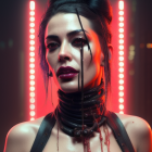 Woman with dramatic black and red makeup and glossy lips posing with choker and harness under red neon lights