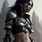 Warrior woman digital art in fantasy armor against cityscape