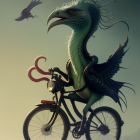 Green Dragon with Golden Headgear Riding Bicycle with Birds