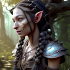 Silver-crowned elf in blue armor in forest with golden light