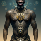 Illustrated portrait of a person in golden armor with tattoos on gradient background.