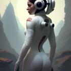 Ethereal female figure in futuristic gown against cosmic backdrop