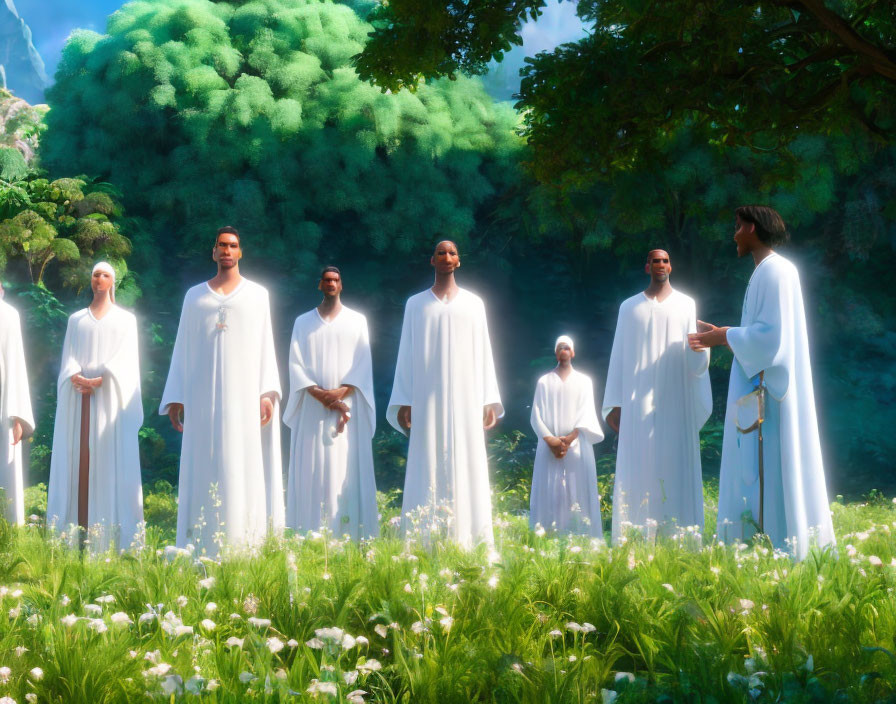 Group in White Robes Stands in Sunlit Forest Clearing