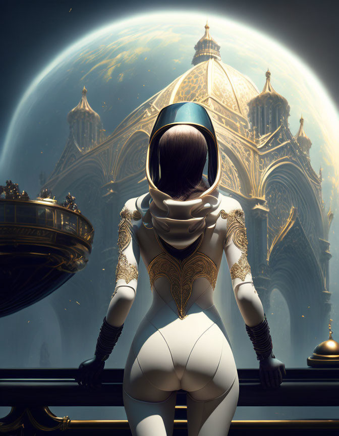 Futuristic figure in white and gold suit gazes at planet and moons from ornate building