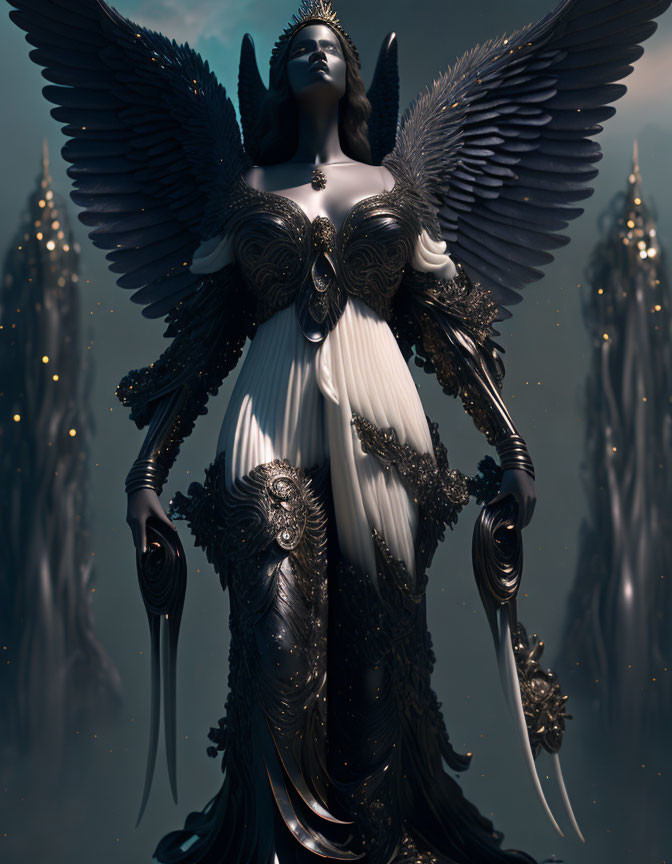 Winged female figure in dark armor with staff, draped in white, against spires