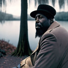 Bearded man in brown suit by tranquil lake with overcast sky