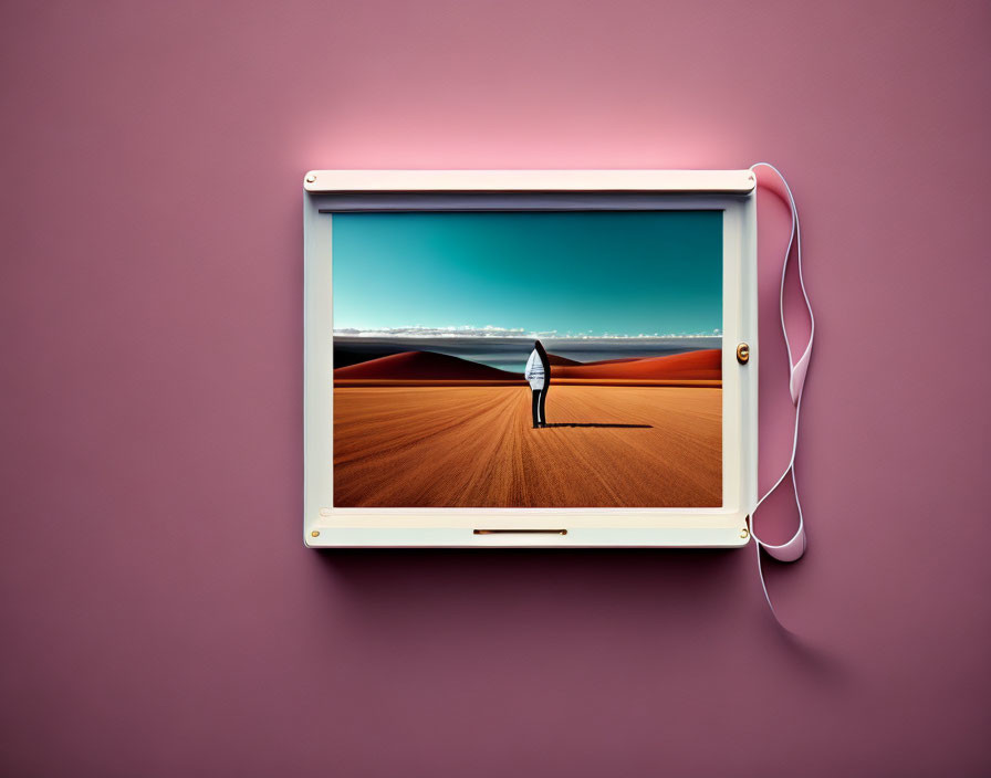 Person in desert landscape framed on pink wall with power cord