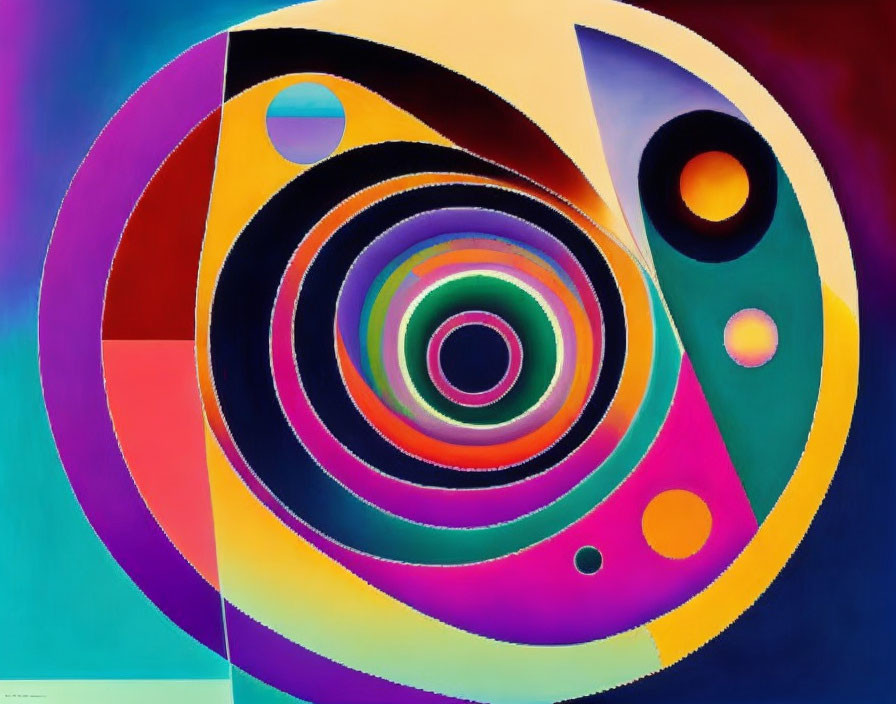 Colorful Abstract Painting with Concentric Circles and Orbs on Multicolored Background