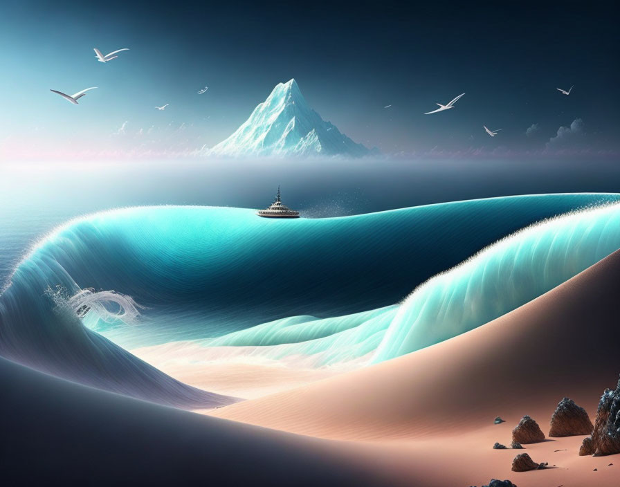 Surreal landscape with looping wave, ship, birds, mountain, rocks, and sand