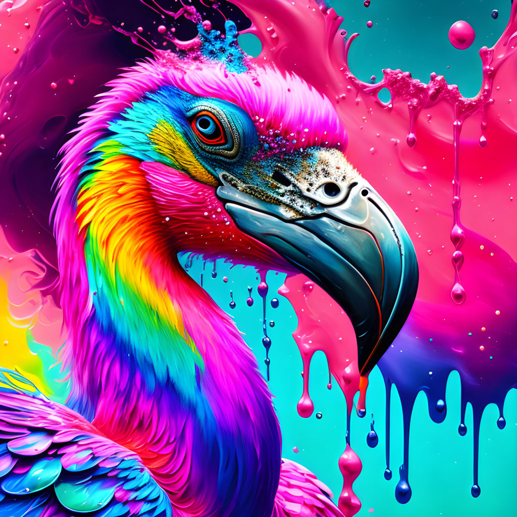 Colorful surreal flamingo illustration with rainbow feathers in vibrant pink and turquoise.