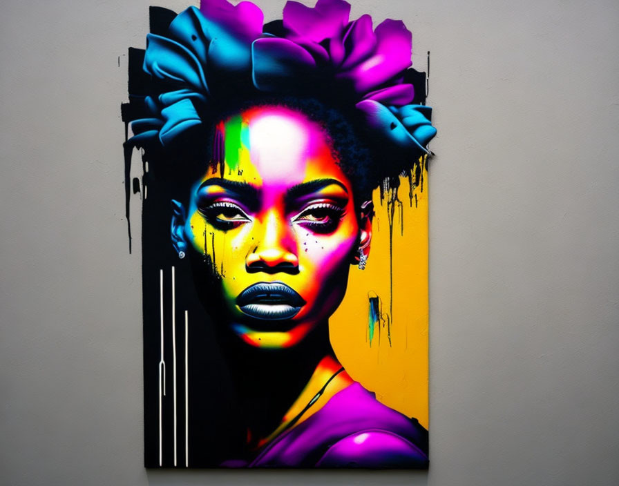 Colorful street art portrait of a woman with pink flower in hair