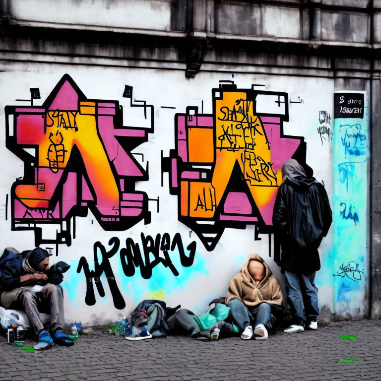 Vibrant graffiti wall with two people, one hiding face.