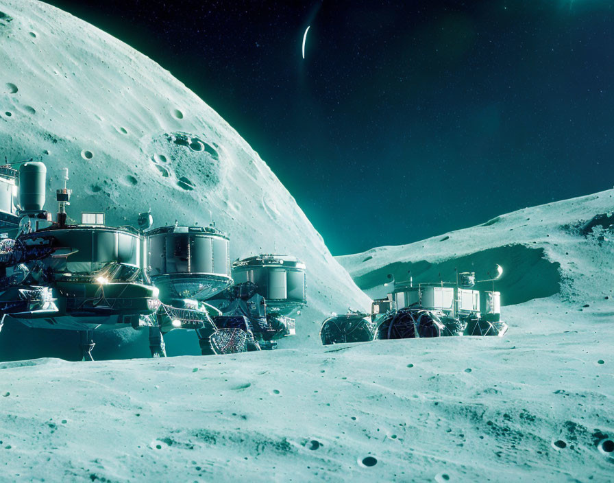 Futuristic lunar base with modular habitats and vehicles on Moon's surface