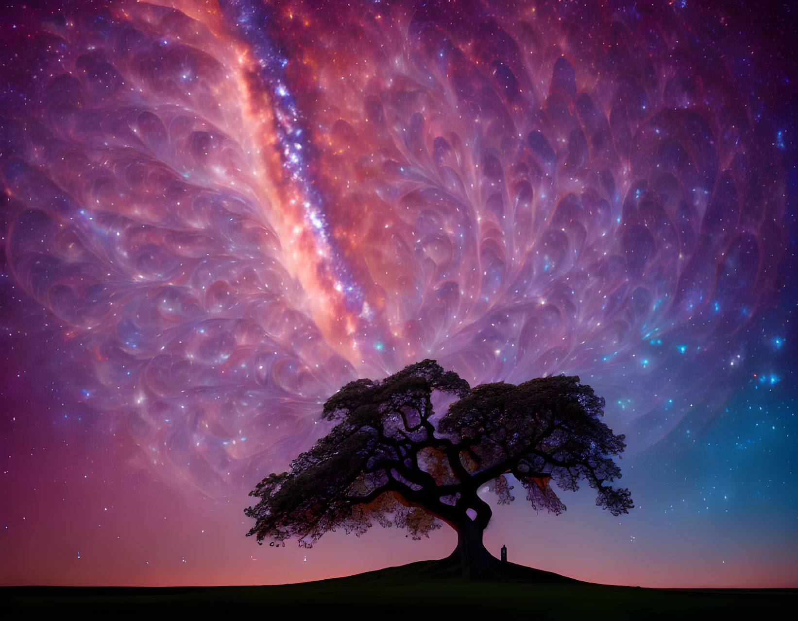 Vibrant cosmic background with lone tree on hill