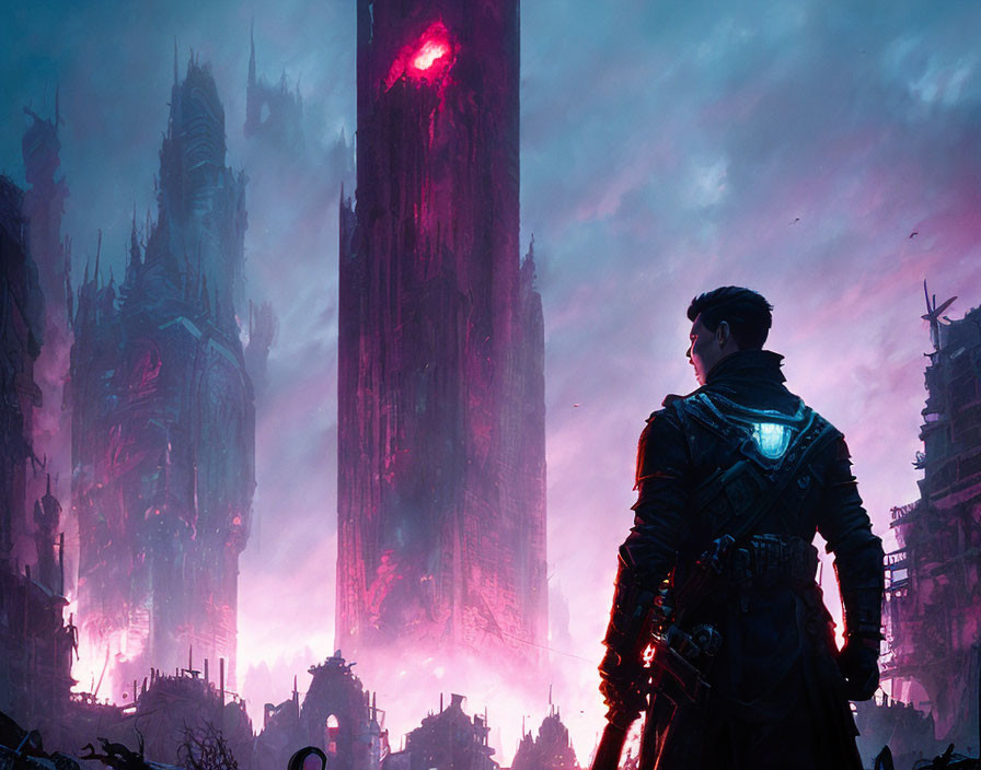 Futuristic armored man gazes at dystopian cityscape with glowing spires