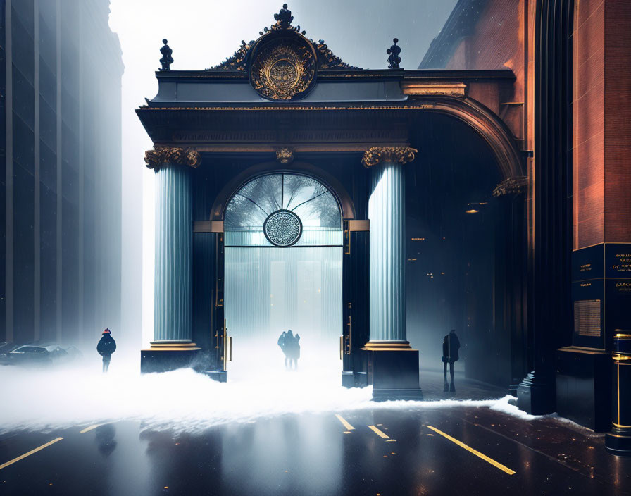 Ornate Grand Entrance in Misty City Scene