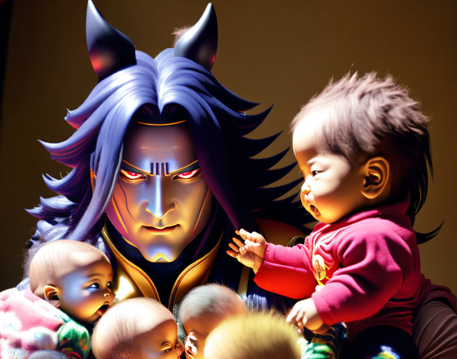 Illustration of supernatural character with blue skin and purple hair holding a baby among infants