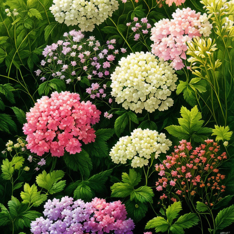 Vibrant hydrangea flowers in pink, white, and lilac with green foliage