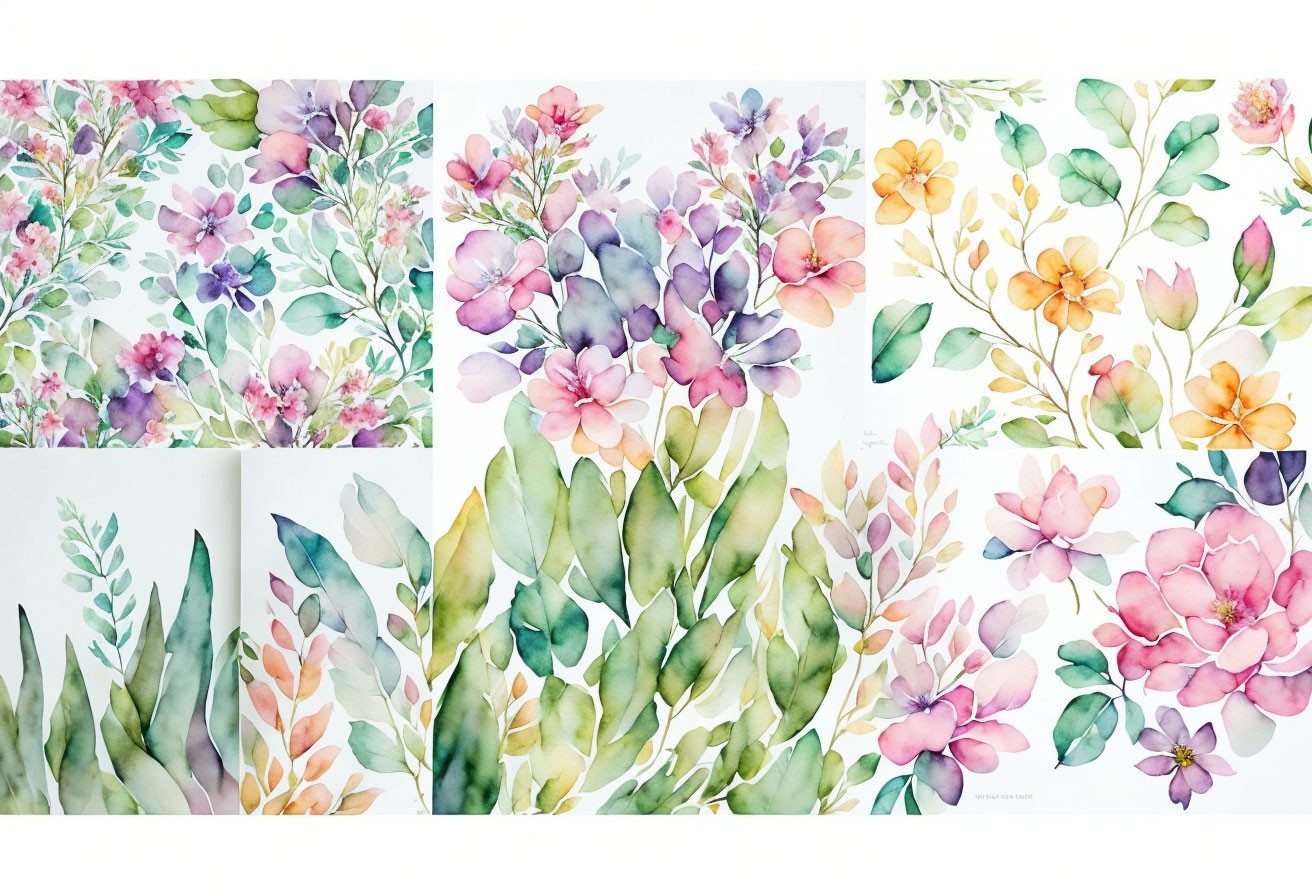 Soft Pastel Watercolor Floral and Foliage Collage Art