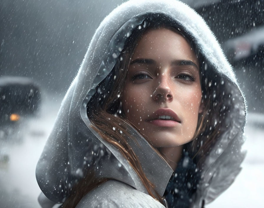 Woman in hooded coat gazes in snowfall backdrop