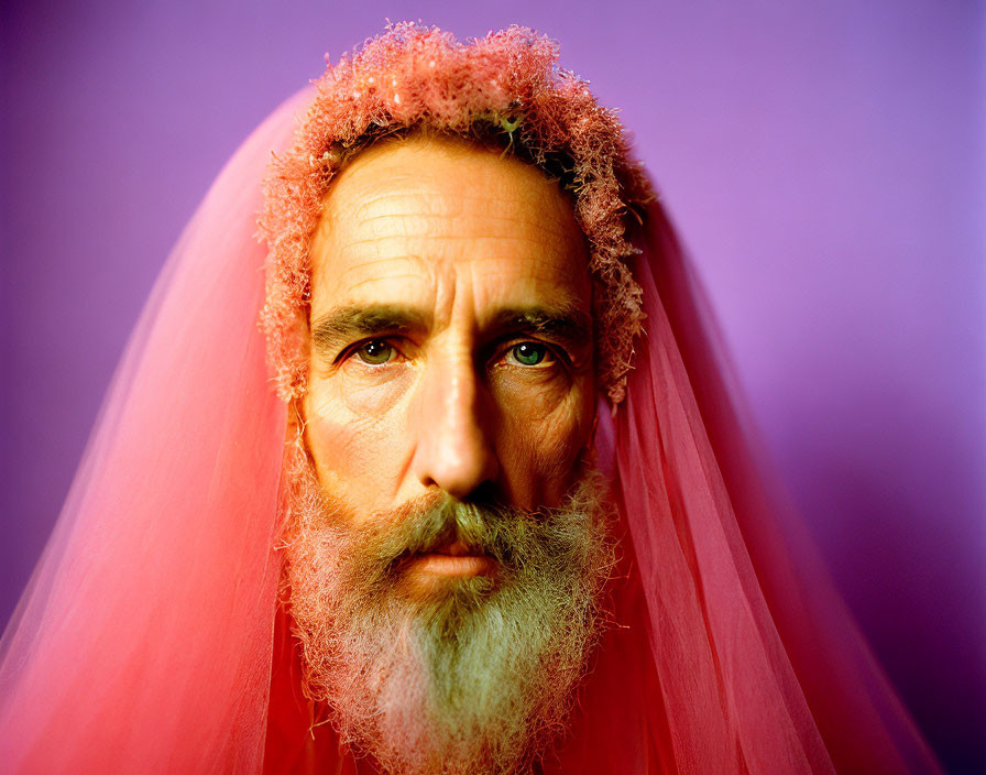 Intense gaze of man with graying beard in pink veil on purple background