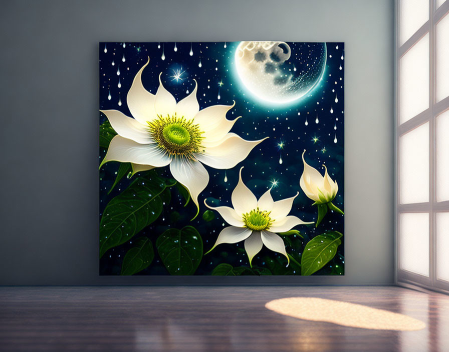 White Flower Painting with Fantasy Night Sky and Moon in Room with Parquet Floors