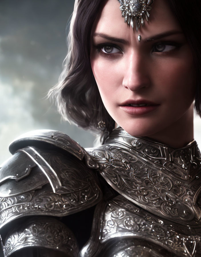 Detailed digital portrait of woman in ornate silver armor with wavy hair and forehead jewel against cloudy background