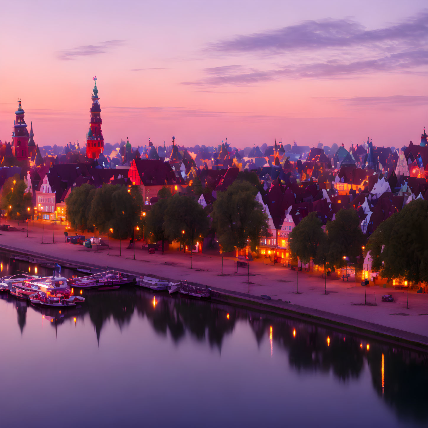 European Cityscape at Twilight: Historic Architecture, River, Boats, Pastel Sky