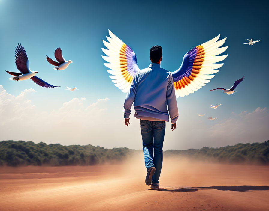 Man with vibrant wings walking on dusty path with flying birds under clear blue sky