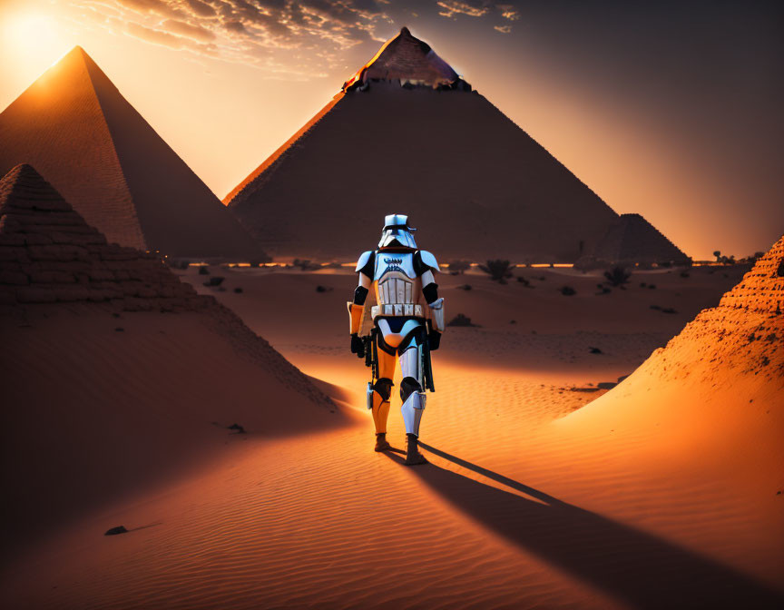 Clone trooper costume near Great Pyramids at sunset