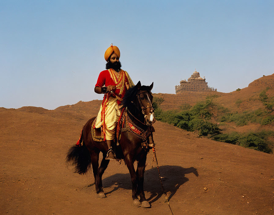 Traditional Attire Person on Horse with Turban and Ancient Building