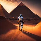 Clone trooper costume near Great Pyramids at sunset