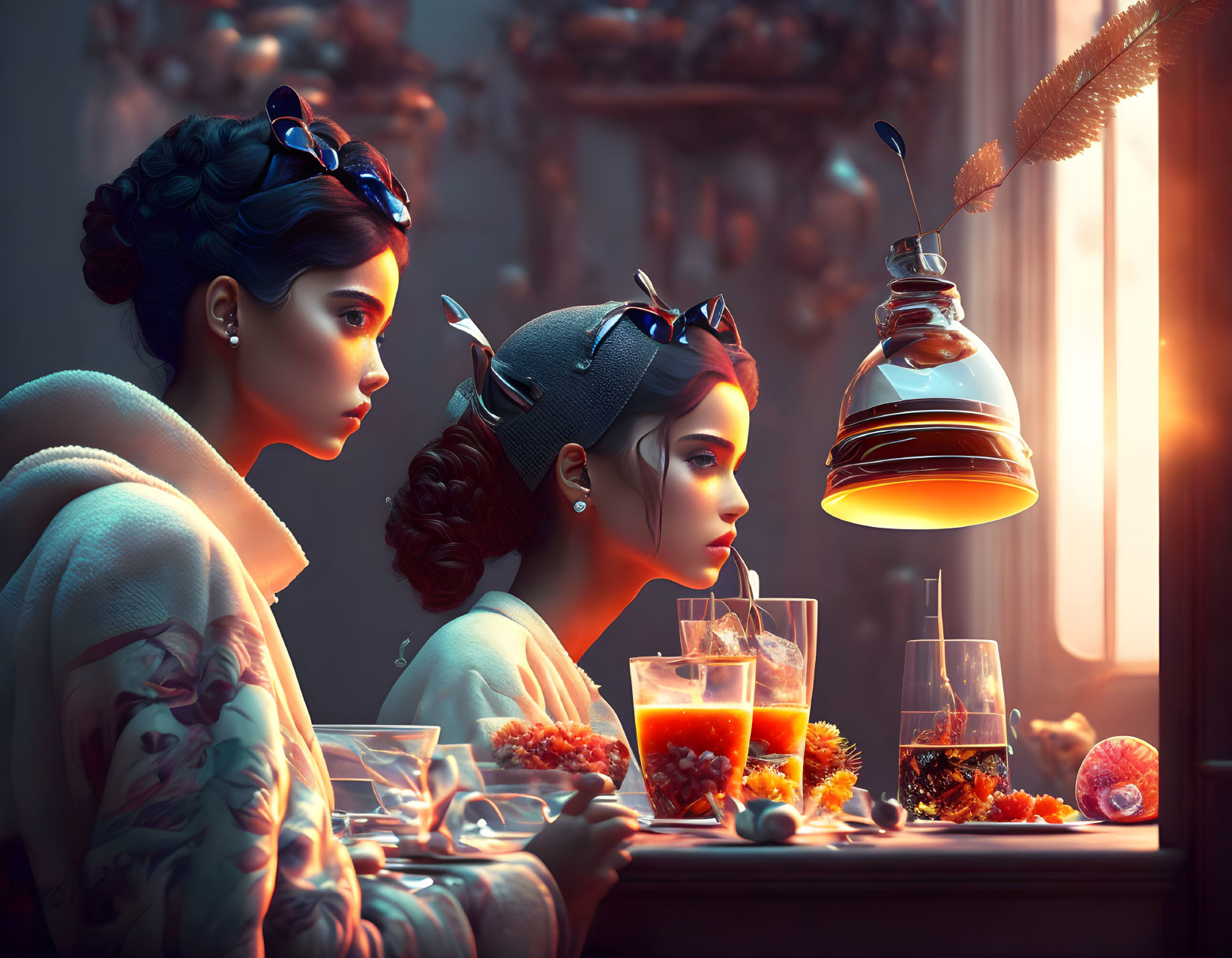 Two women enjoying drinks and cake at a cozy table with glowing liquid and sunset view.