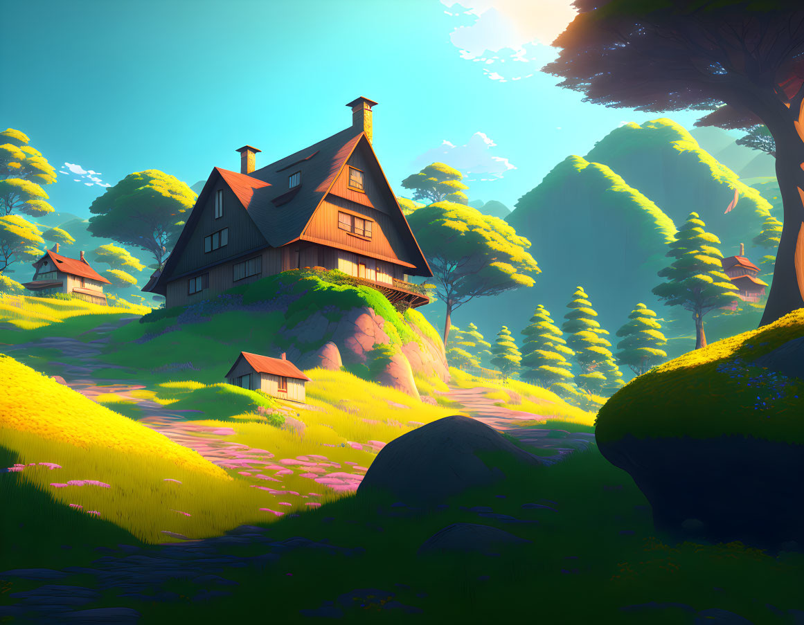 Stylized hilltop houses in lush countryside setting