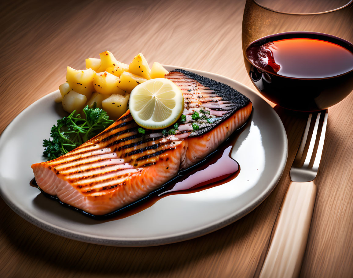 Grilled salmon fillet with lemon and herbs, potatoes, sauce, and red wine on white plate