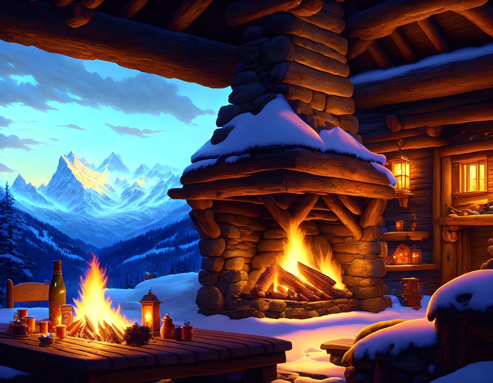 Winter outdoor scene with blazing fireplace, snow, warm lights, refreshments, mountain backdrop at dusk