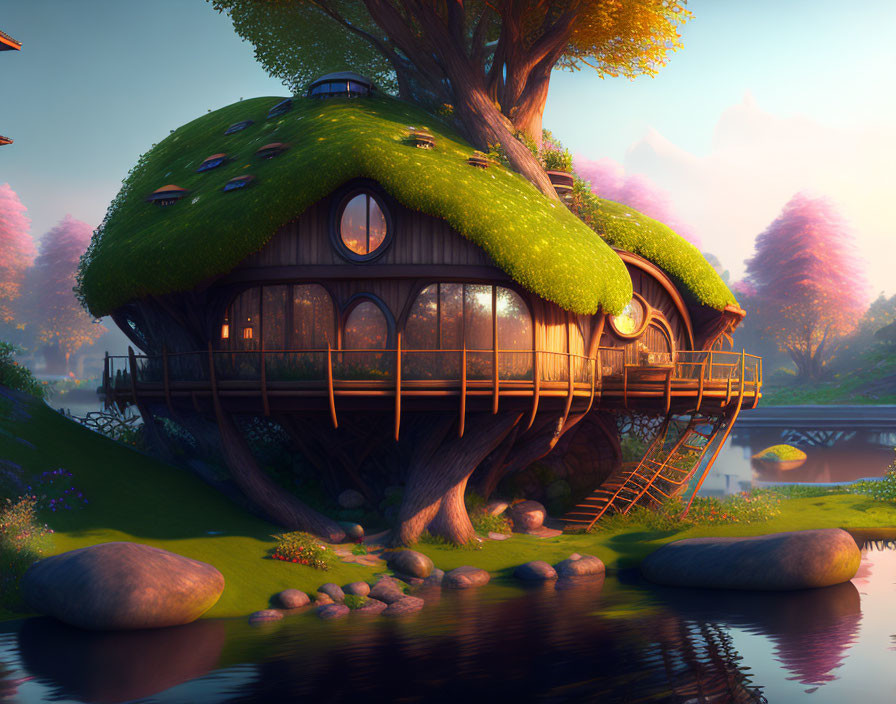 Whimsical treehouse with round windows and grassy roof by tranquil river at dusk