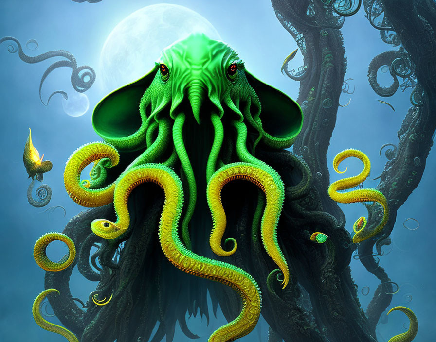 Vibrant green octopus on eerie underwater scene with twisted trees.