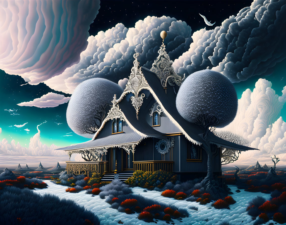 Surreal Victorian house in orb-shaped tree landscape