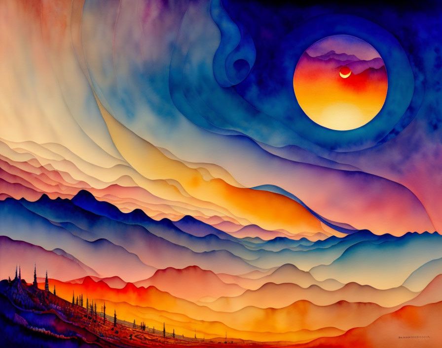 Vibrant watercolor painting of layered mountain ranges under swirling sky