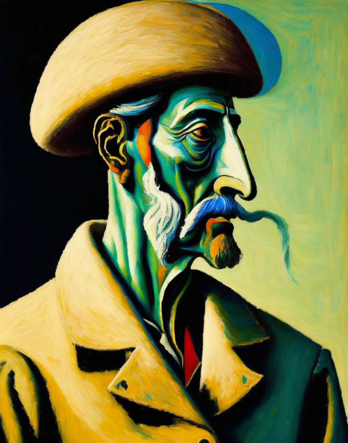 Vivid painting of stylized man in beret and jacket