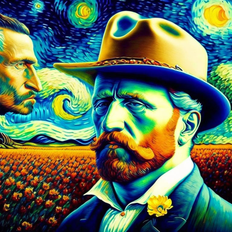 Vibrant Vincent van Gogh-inspired artwork with starry night sky and man's face in sun