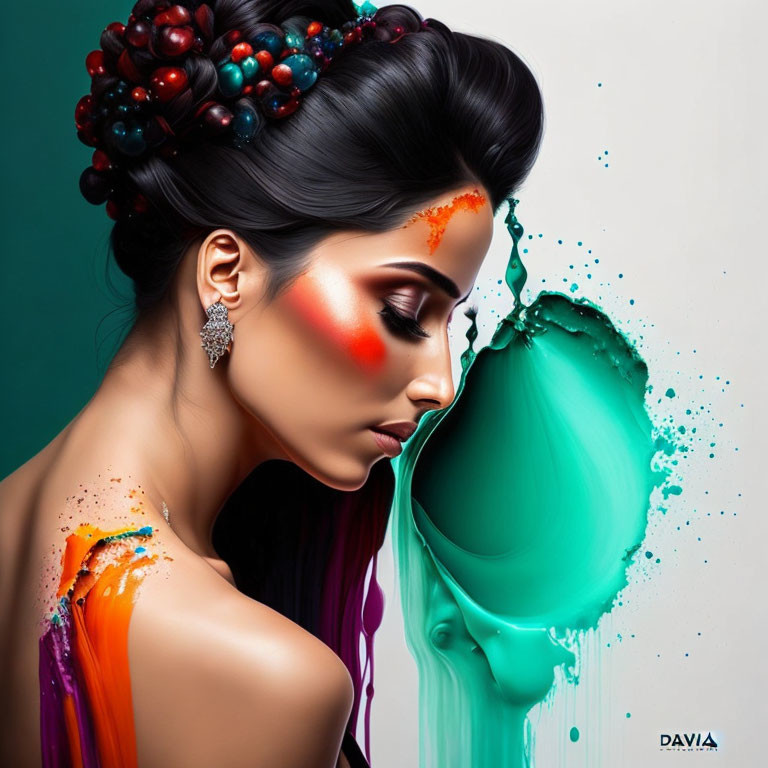 Vibrant makeup woman with berry-adorned hairstyle and teal liquid splash