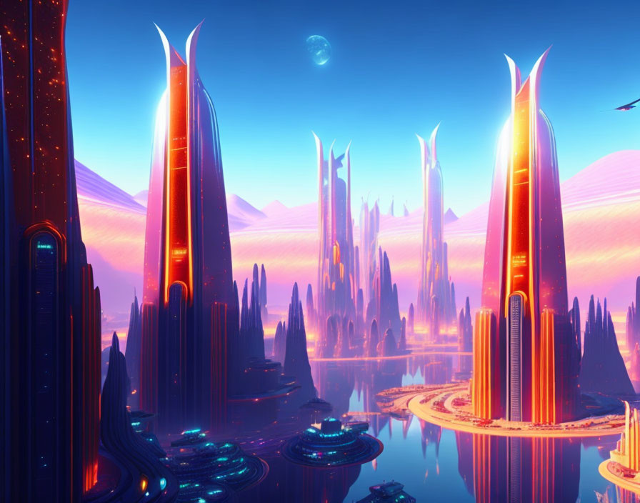 Futuristic cityscape with tall reflective structures at twilight