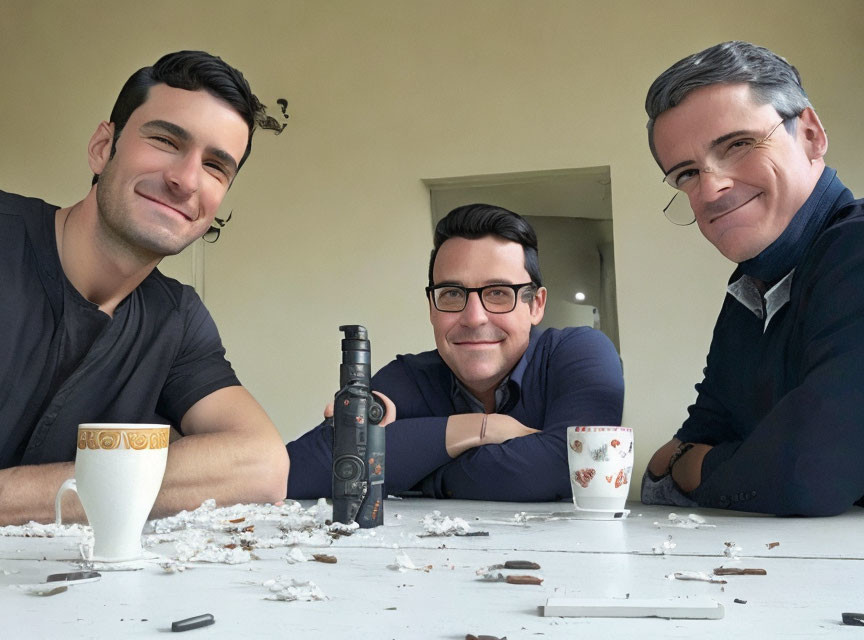 Three men at table with mugs, prosthetic arm, and debris.