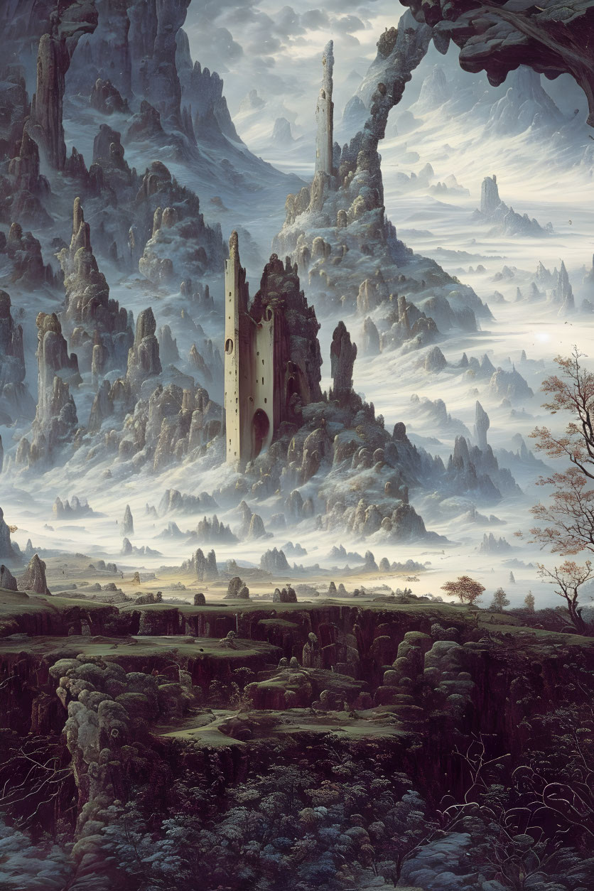 Mystical landscape with towering rock formations and monolithic structure in misty forest.