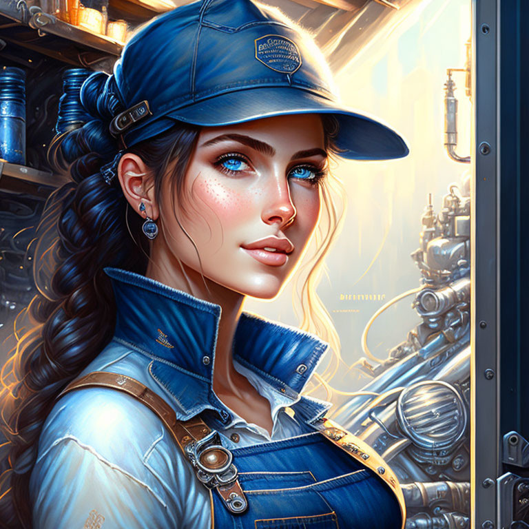 Digital artwork: Woman with blue eyes and braided hair in blue cap and overalls, with sun