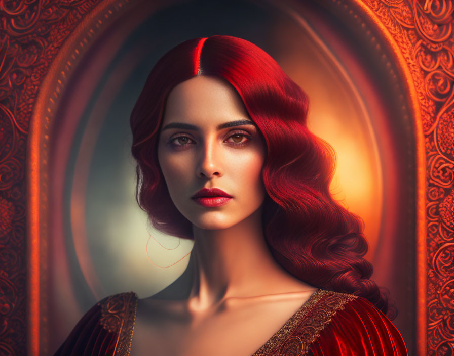 Red-haired woman with captivating gaze in ornate oval frame, exudes elegant mystique in red dress