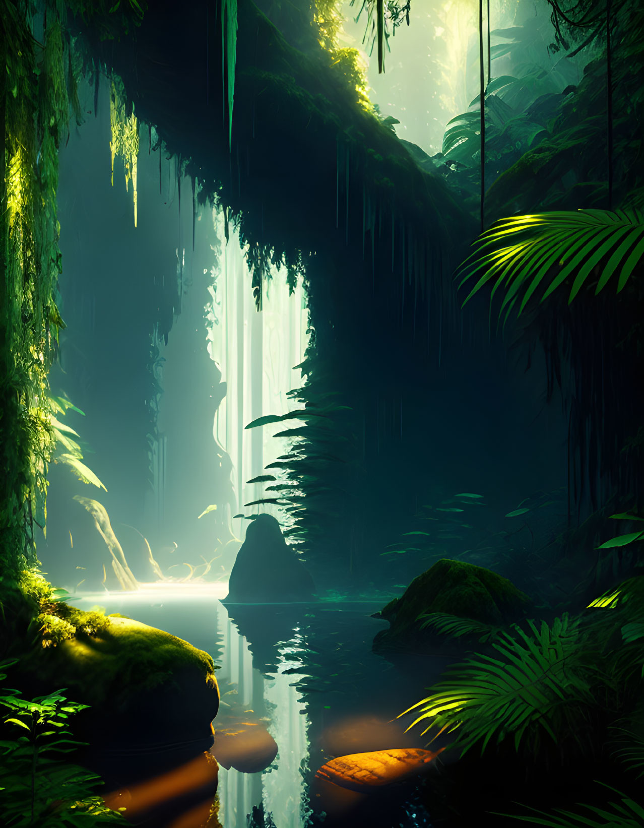 Mystical forest with lush greenery, stalactites, river, and glowing lights.