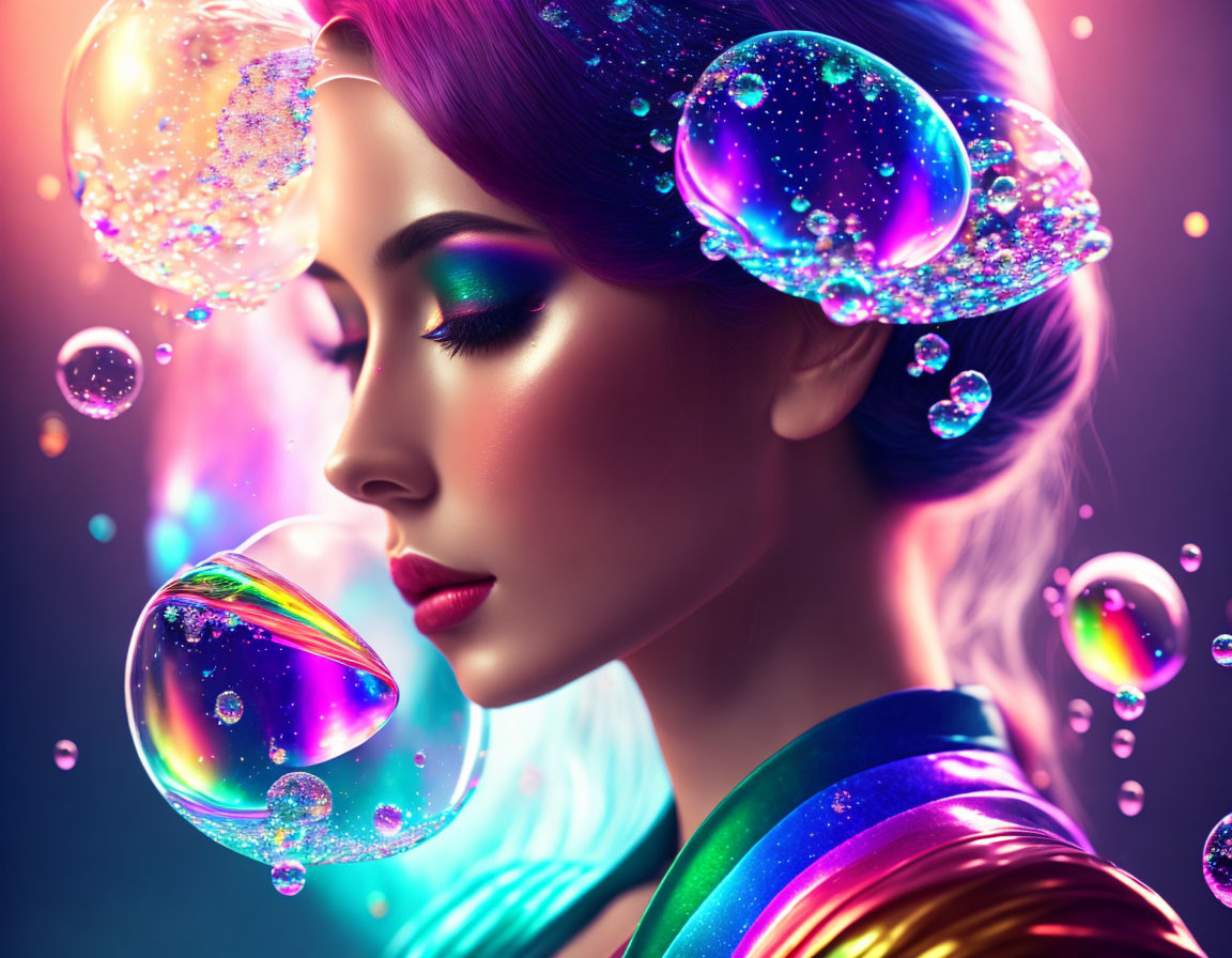 Woman with vibrant makeup surrounded by iridescent galaxy bubbles